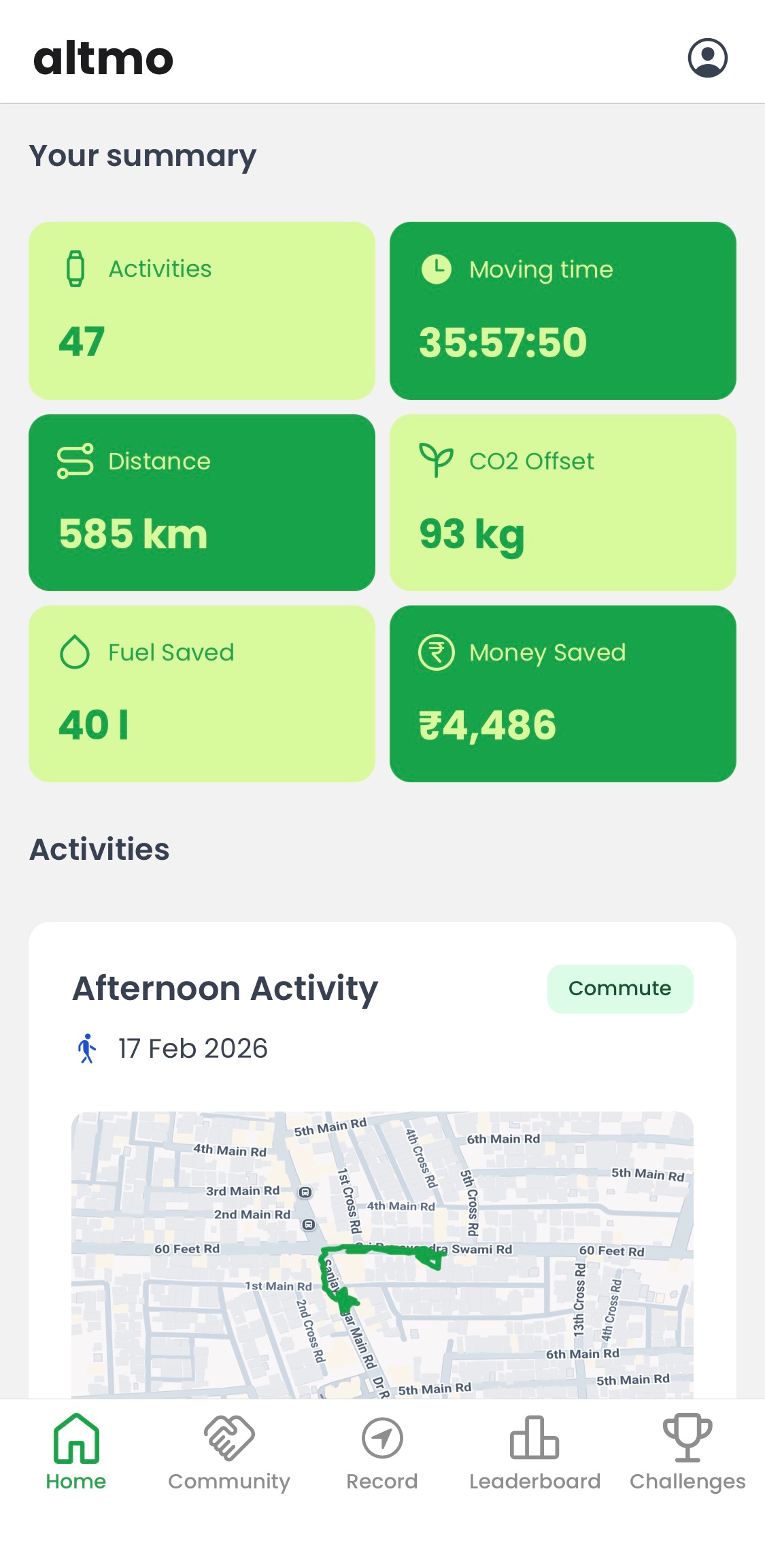 Altmo Tracker app showing activity summary and commute map